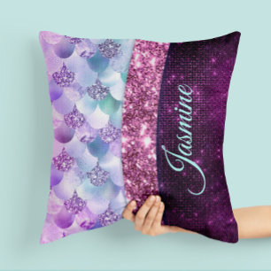 Mermaid skin pink silver faux glitter monogram cushion