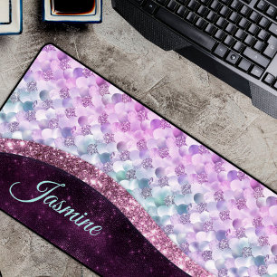 Mermaid skin pink silver faux glitter monogram desk mat