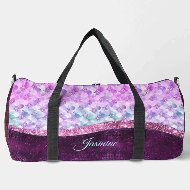 Mermaid skin pink silver faux glitter monogram duffle bag (Front)