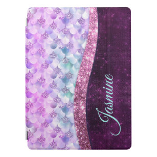Mermaid skin pink silver faux glitter monogram iPad pro cover