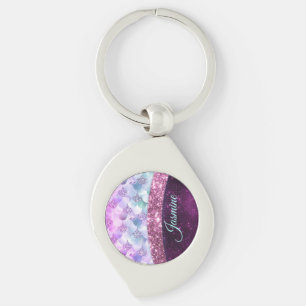 Mermaid skin pink silver faux glitter monogram key ring