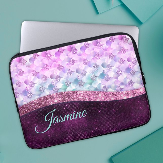 Mermaid skin pink silver faux glitter monogram laptop sleeve (Creator Uploaded)