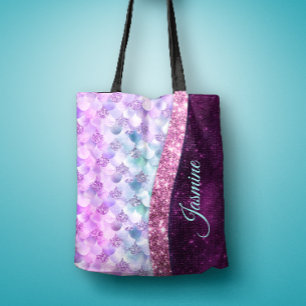 Mermaid skin pink silver faux glitter monogram tote bag
