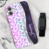 Mermaid skin purple silver faux glitter monogram