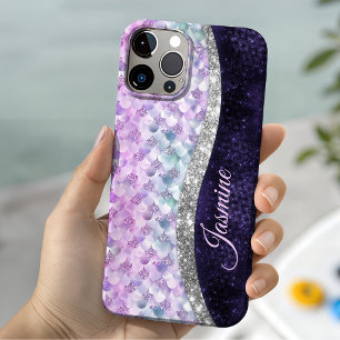 Mermaid skin purple silver faux glitter monogram iPhone 16 case