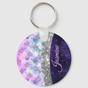 Mermaid skin purple silver faux glitter monogram key ring
