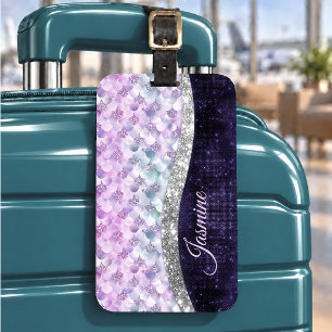 Mermaid skin purple silver faux glitter monogram luggage tag