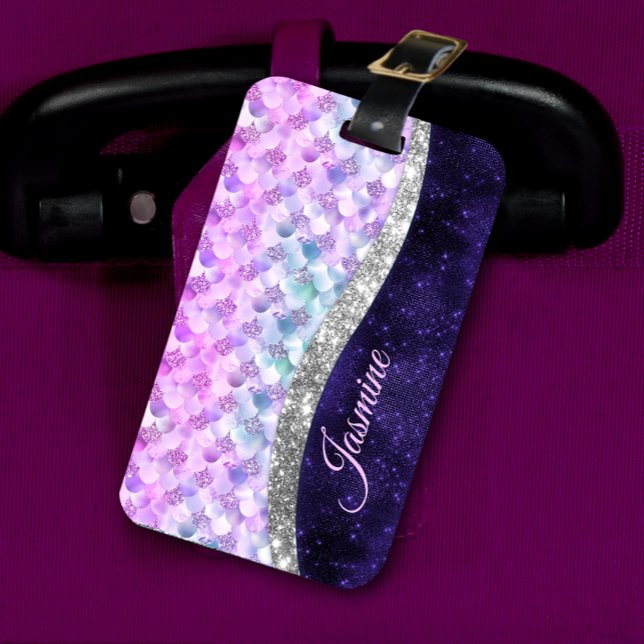 Mermaid skin purple silver faux glitter monogram luggage tag (Creator Uploaded)