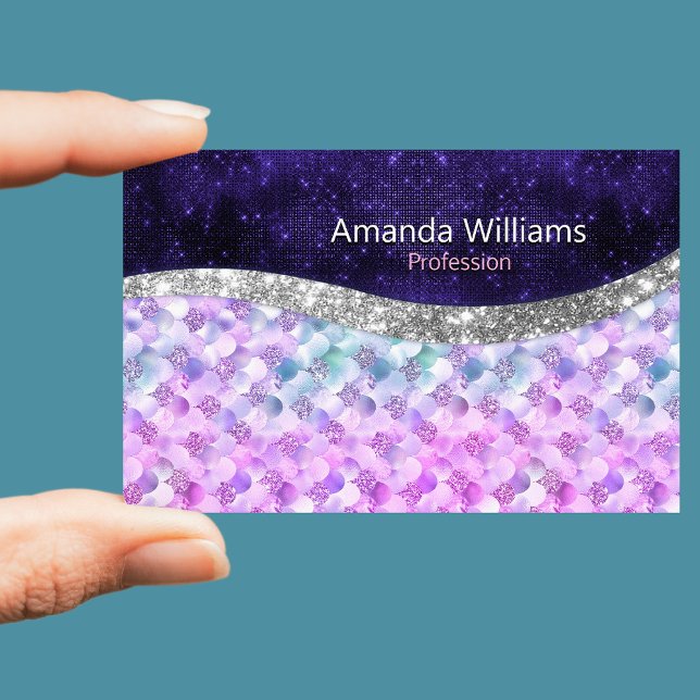 Mermaid skin purple silver faux glitter monogram 	Magnetic business card (Creator Uploaded)