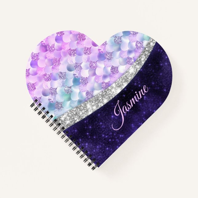 Mermaid skin purple silver faux glitter monogram n notebook (Front)