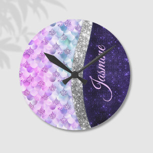 Mermaid skin purple silver faux glitter monogram round clock