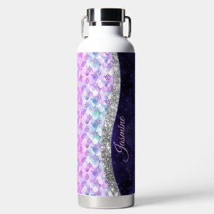 Mermaid skin purple silver faux glitter monogram water bottle