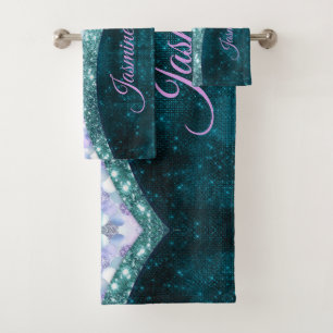 Mermaid skin teal silver faux glitter monogram bath towel set