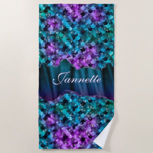Mermaid Skin Teal Silver Faux Glitter Monogram Beach Towel