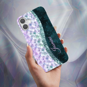 Mermaid skin teal silver faux glitter monogram iPhone 16 case