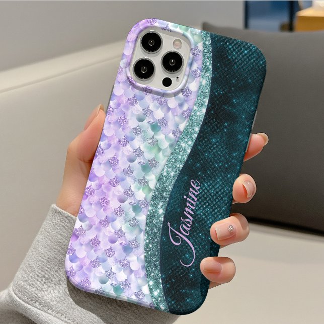 Mermaid skin teal silver faux glitter monogram Case-Mate iPhone case (Creator Uploaded)