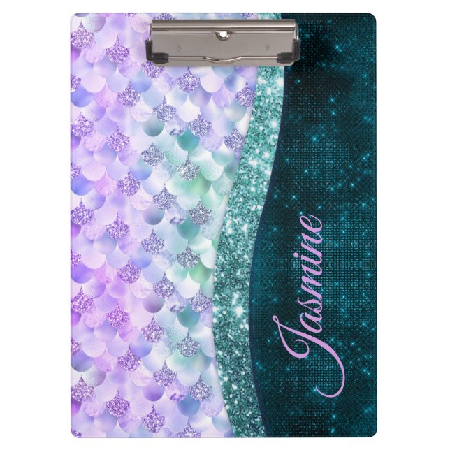 Mermaid skin teal silver faux glitter monogram clipboard (Front)