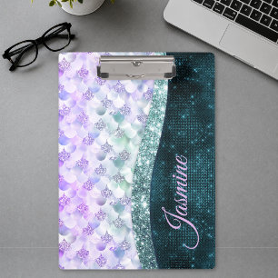 Mermaid skin teal silver faux glitter monogram clipboard