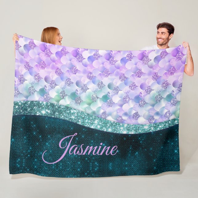 Mermaid skin teal silver faux glitter monogram fleece blanket (In Situ)