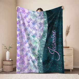 Mermaid skin teal silver faux glitter monogram fleece blanket