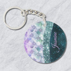 Mermaid skin teal silver faux glitter monogram key ring