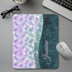 Mermaid skin teal silver faux glitter monogram mouse pad
