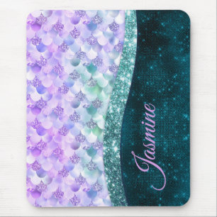 Mermaid skin teal silver faux glitter monogram mouse pad