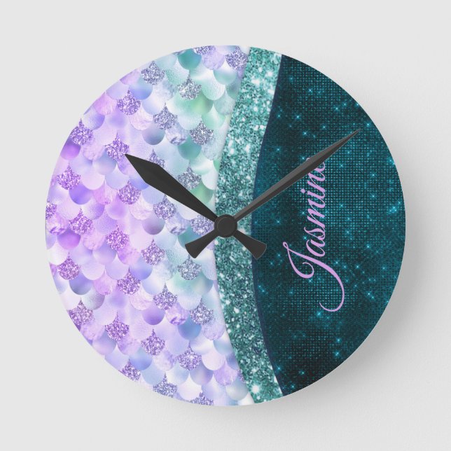 Mermaid skin teal silver faux glitter monogram round clock (Front)