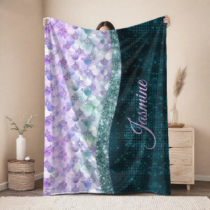 Mermaid skin teal silver faux glitter monogram sherpa blanket