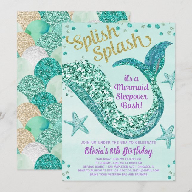 Mermaid sleepover birthday party invitation (Front/Back)