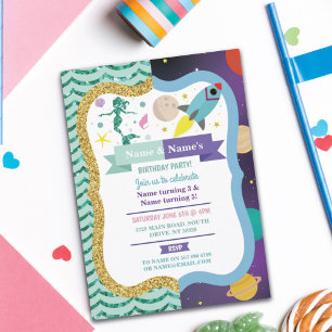 Mermaid & Space Joint Boy Girl Birthday Invites