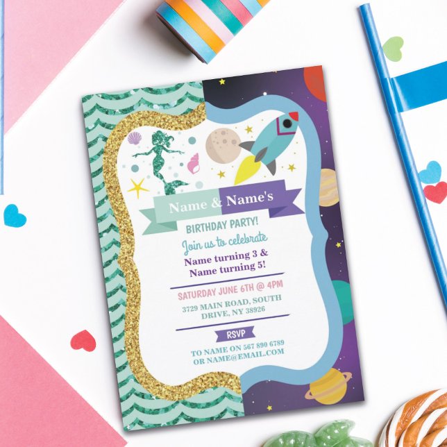 Mermaid & Space Joint Boy Girl Birthday Invites (Creator Uploaded)