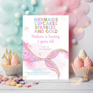 Mermaid Sparkles Gold Birthday Invitation