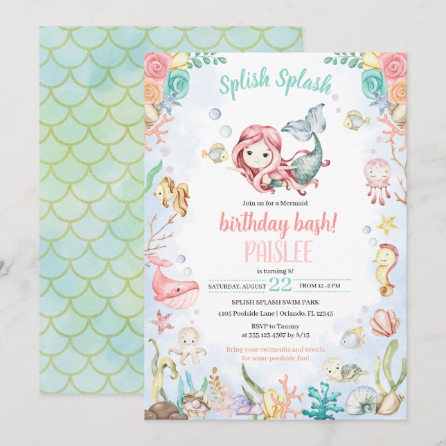 Mermaid Splash Under The Sea Pool Party Birthday Invitation (Front/Back)