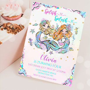 Mermaid Splish Splash 4th Birthday Party Invitation