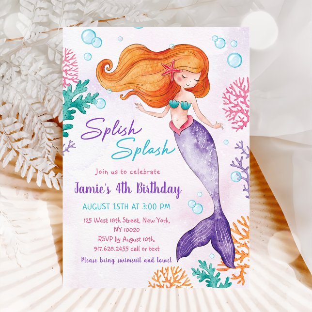 Mermaid Splish Splash 4th Birthday Party Invitation (Creator Uploaded)