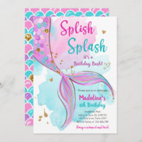 Mermaid Splish Splash Birthday Bash Girl Gold Invi