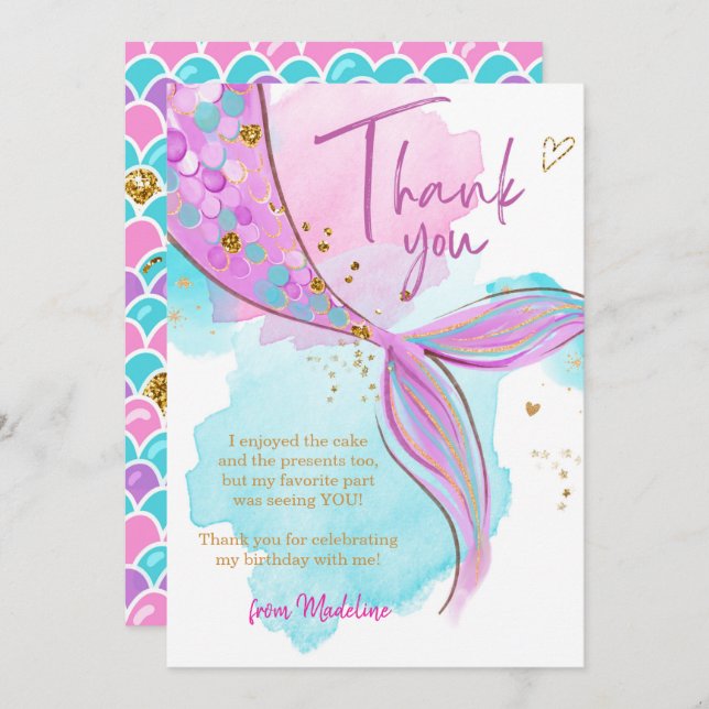 Mermaid Splish Splash Pool Girl Thank You Card (Front/Back)