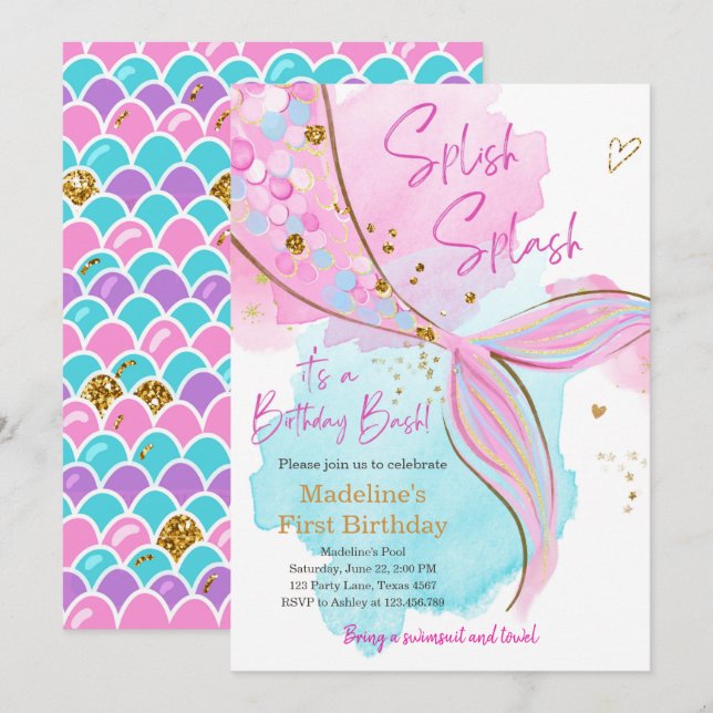 Mermaid Splish Splash Pool Party Girl Birthday Inv Invitation (Front/Back)