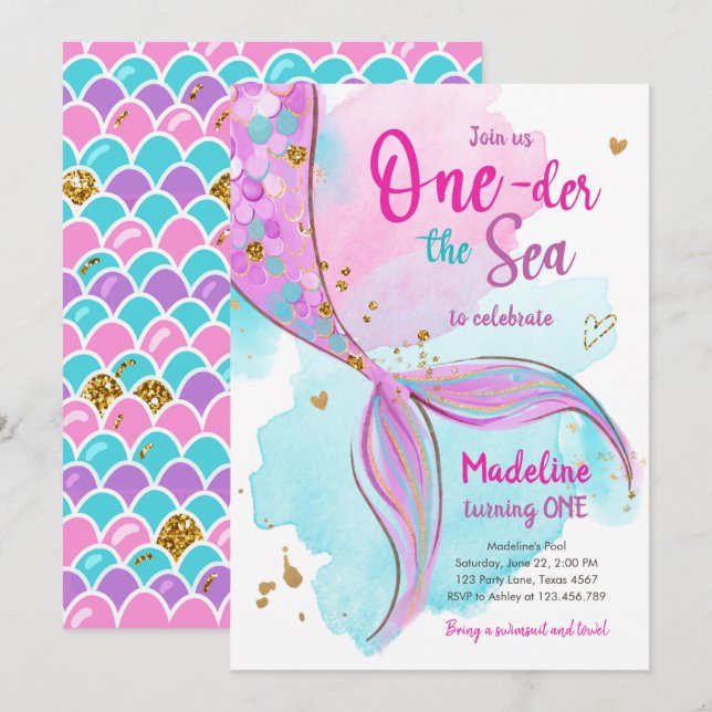 Mermaid Splish Splash Pool Party Girl Birthday Inv Invitation (Front/Back)