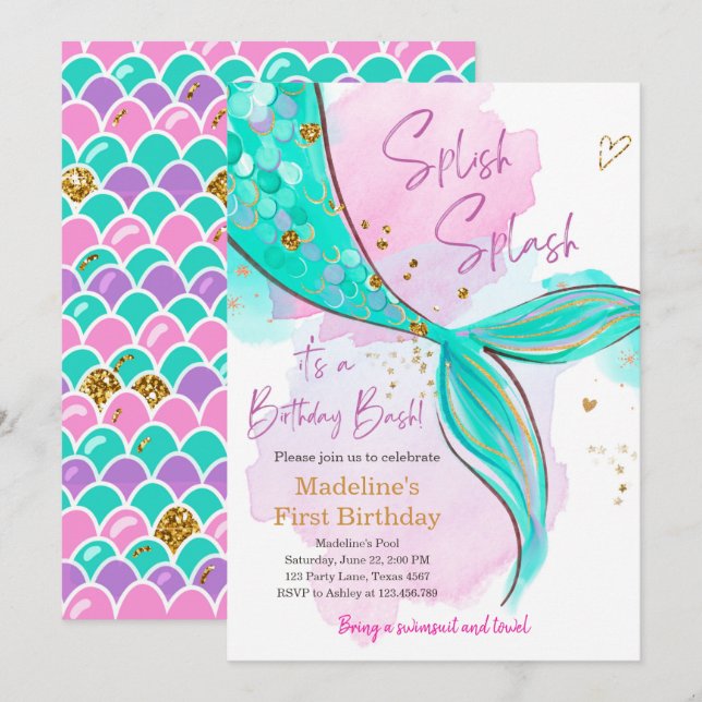 Mermaid Splish Splash Pool Party Girl Birthday Inv Invitation (Front/Back)