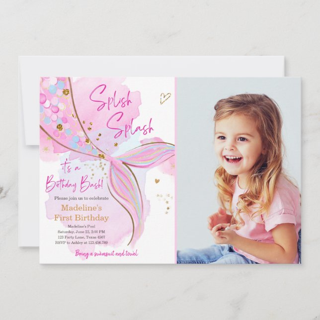 Mermaid Splish Splash Pool Party Girl Birthday Inv Invitation (Front)