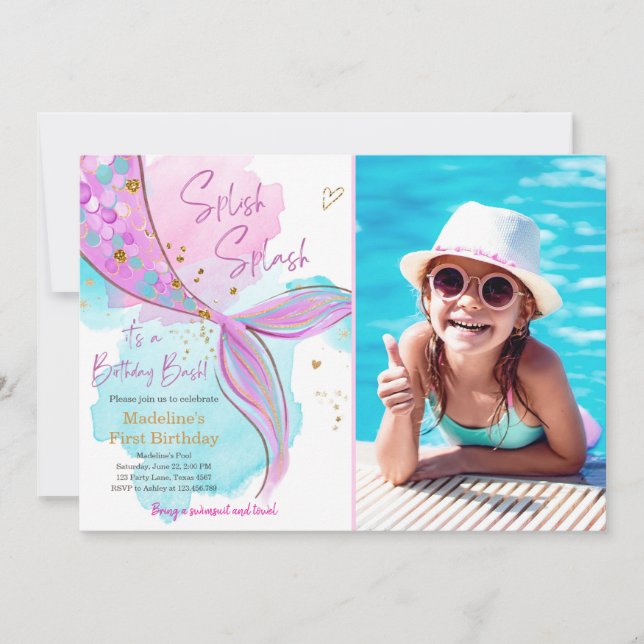 Mermaid Splish Splash Pool Party Girl Birthday Invitation (Front)