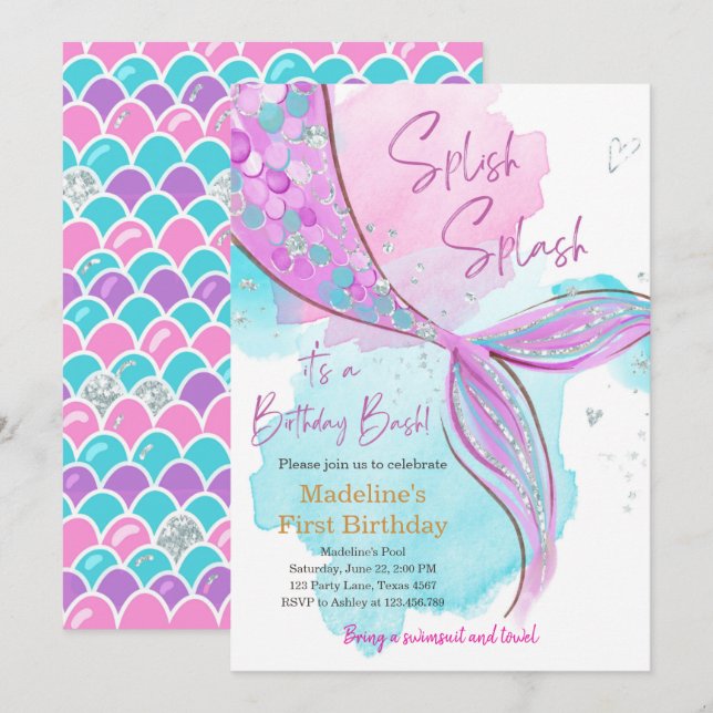 Mermaid Splish Splash Pool Party Girl Birthday Invitation (Front/Back)