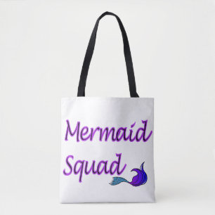 Mermaid Squad with purple and blue tail tote bag