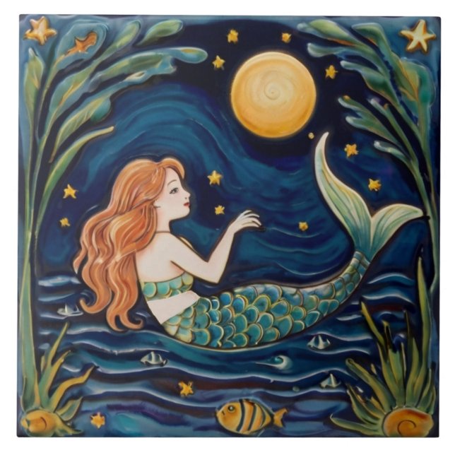 Mermaid Starry Night Sea Ocean Fairytale Navy Blue Ceramic Tile (Front)