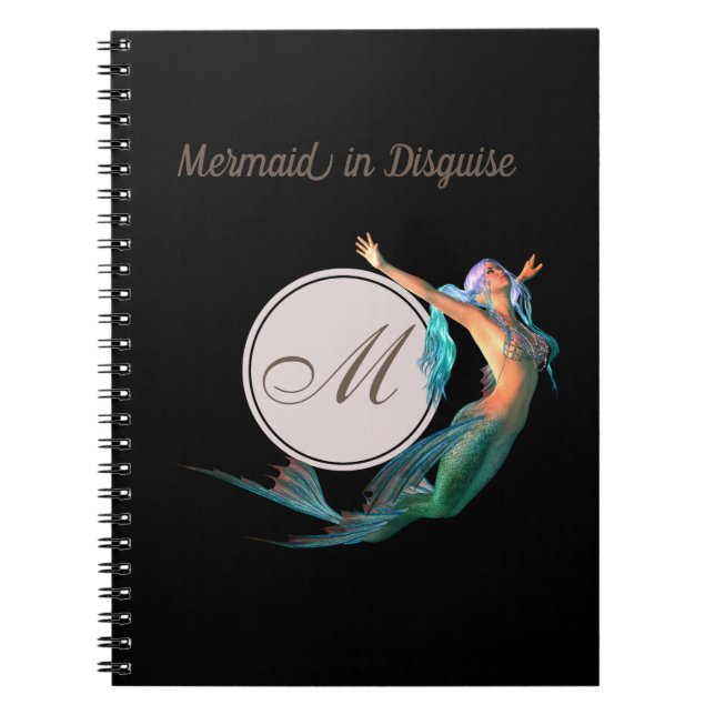Mermaid Summer Black Monogram Modern Chic Notebook (Front)