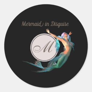 Mermaid Summer Monogram Black Modern Chic Classic Round Sticker