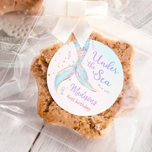 Mermaid Summer Pool 1st Birthday Party Classic Round Sticker (Creator Uploaded)