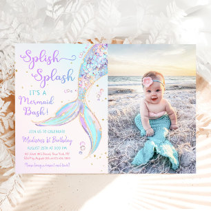 Mermaid Summer Pool 1st Birthday Party Photo Invitation